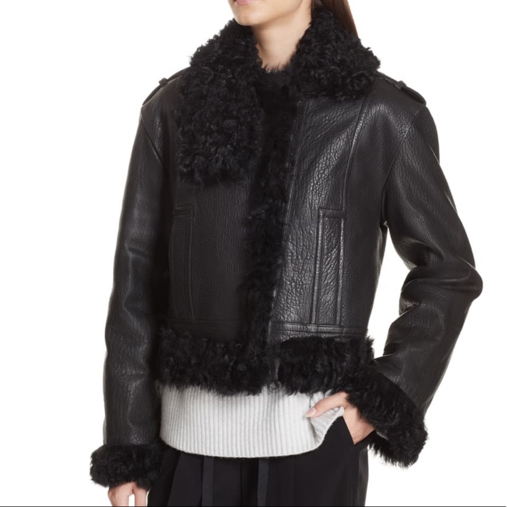 Vince Leather Black Shearling fur Moto Jacket Fall Winter quiet luxury NWT - Picture 2 of 15